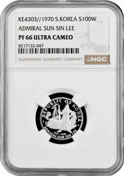 Южная Корея 100 вон 1970 г., NGC PF66 UC, "Адмирал Ли Сунсин"