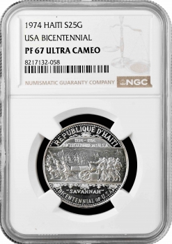 Гаити 25 гурдов 1974 г., NGC PF67 UC, "200 лет США"