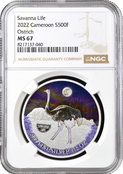 Камерун 500 франков 2022 г., NGC MS67, "Жизнь в саванне - Страус" Top Pop 1/0
