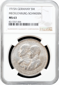 Мекленбург-Шверін 5 марок 1915 р. A, NGC MS63, "100 років Великому Герцогству Мекленбург-Шверін"