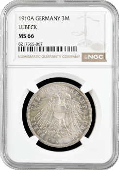 Любек 3 марки 1910 р. A, NGC MS66, "Вільний місто Любек (1871 - 1918)"