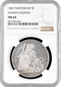 Швейцария 5 франков 1867 г., NGC MS64, "Стрелковый фестиваль в Швице"