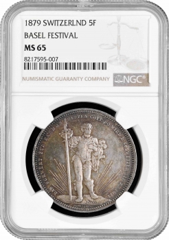 Швейцария 5 франков 1879 г., NGC MS65, "Стрелковый фестиваль в Базеле"