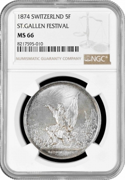 Швейцария 5 франков 1874 г., NGC MS66, "Стрелковый фестиваль в Санкт-Галлене"
