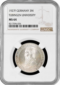 Веймарская Республика 3 рейхсмарки 1927 г. F, NGC MS64, "450 лет Тюбингенскому университету"