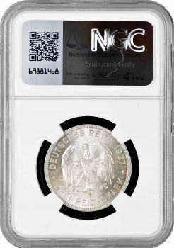 Веймарская Республика 3 рейхсмарки 1927 г. F, NGC MS64, "450 лет Тюбингенскому университету"