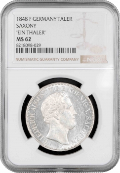 Саксонія 1 талер 1848 F, NGC MS62, "Король Фрідріх Август II (1836 - 1854)"