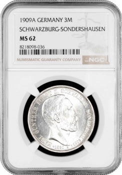 Шварцбург-Зондерсгаузен 3 марки 1909 A, NGC MS62, "Смерть Карла Гюнтера"