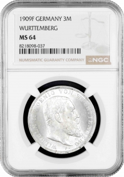 Вюртемберг 3 марки 1909, NGC MS64, "Король Вільгельм II (1891 - 1918)"