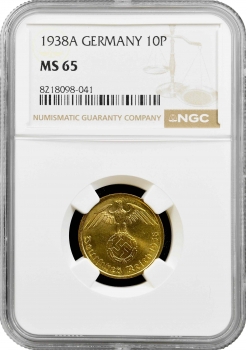 Німеччина - Третій рейх 10 рейхспфеннігів 1938 A, NGC MS65, "Нацистська Німеччина (1933 - 1945)"