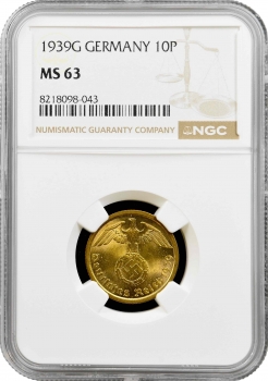 Німеччина - Третій рейх 10 рейхспфеннігів 1939 G, NGC MS63, "Нацистська Німеччина (1933 - 1945)"