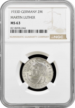 Німеччина - Третій рейх 2 рейхсмарки 1933 р. D, NGC MS63, "450 років від дня народження М. Лютера"