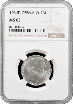 Німеччина 2 рейхсмарки 1936 р. D, NGC MS63, "Нацистська Німеччина (1933 - 1945)"