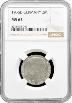 Німеччина 2 рейхсмарки 1936 р. D, NGC MS63, "Нацистська Німеччина (1933 - 1945)"
