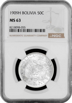 Болівія 50 сентаво 1909 H, NGC MS63, "Республіка Болівія (1870 - 1963)"