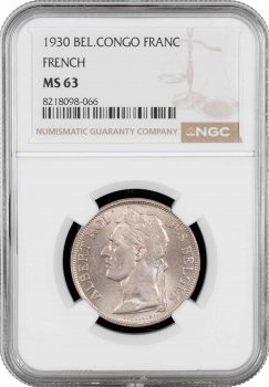 Бельгійське Конго 1 франк 1930 French, NGC MS63, "Колонія Бельгії (1909 - 1949)"