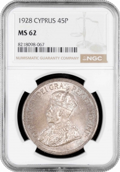 Кіпр 45 піастрів 1928 р., NGC MS62, "50 років англійському Кіпру"
