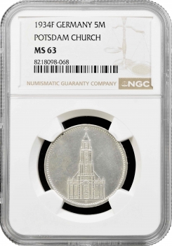 Німеччина - Третій рейх 5 рейхсмарок 1934 F, NGC MS63, "Гарнізонна церква в Потсдамі"