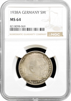 Німеччина - Третій Рейх 5 рейхсмарок 1938 A, NGC MS64, "Нацистська Німеччина (1933 - 1945)"