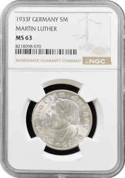 Німеччина - Третій рейх 5 рейхсмарок 1933 F, NGC MS63, "450 років від дня народження Мартіна Лютера"