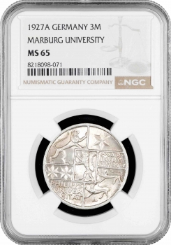 Веймарська Республіка 3 рейхсмарки 1927 р. A, NGC MS65, "400 років Марбурзькому університету"