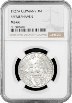 Веймарська Республіка 3 рейхсмарки 1927 р. A, NGC MS66, "100 років Бремерхафену"