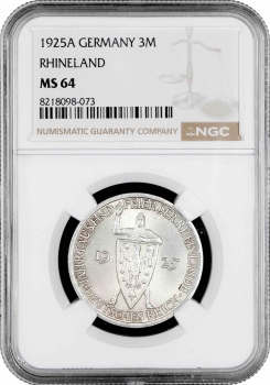 Веймарська Республіка 3 рейхсмарки 1925 р. A, NGC MS64, "Тисячоліття Рейнської області (Рейнланд)"