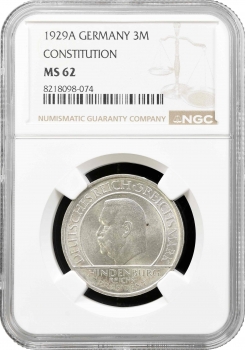 Веймарська Республіка 3 рейхсмарки 1929 р. A, NGC MS62, "10 років Веймарської конституції"