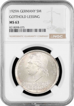 Веймарська Республіка 5 рейхсмарок 1929 р. A, NGC MS63, "200 років від дня народження Готхольда Лессінга"