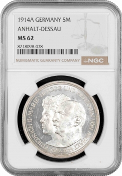 Ангальт-Дессау 5 марок 1914 р. A, NGC MS62, "25 років весіллі Фрідріха II та Марії Баденської"