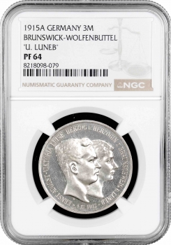 Брауншвейг-Вольфенбюттель 3 марки 1915 р. A, NGC PF64, "Весілля та вступ на престол Ернста Августа"