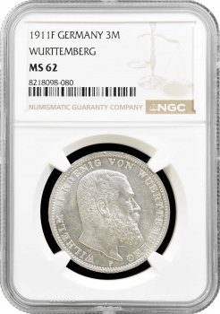 Вюртемберг 3 марки 1911 F, NGC MS62, "Король Вільгельм II (1891 - 1918)"