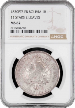 Боливия 1 боливиано 1870 г. PTS ER, NGC MS62, "Республика Боливия (1870 - 1963)"