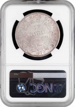 Боливия 1 боливиано 1870 г. PTS ER, NGC MS62, "Республика Боливия (1870 - 1963)"
