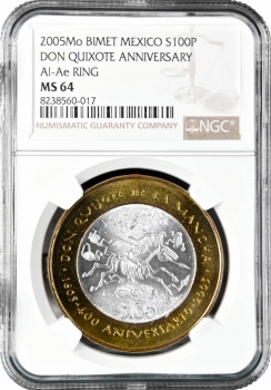 Мексика 100 песо 2005 г., NGC MS64, "400 лет роману Дон Кихот"