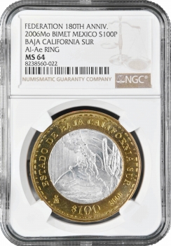Мексика 100 песо 2005 г., NGC MS64, "Нижняя Калифорния"