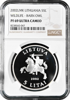Литва 5 лит 2002 г., NGC PF69 UC, "Исчезающие виды - Обыкновенная сипуха (Tyto alba)" Top Pop
