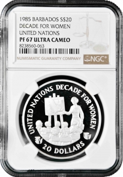 Барбадос 20 долларов 1985 г., NGC PR67 UC, "ООН - Десятилетие женщин"