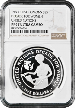 Соломоновы Острова 5 долларов 1985 г., NGC PF67 UC, "ООН - Десятилетие женщин"