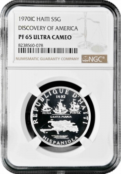 Гаити 5 гурдов 1970 г. IC, NGC PF65 UC, "Открытие Америки"