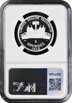 Гаити 5 гурдов 1970 г. IC, NGC PF65 UC, "Открытие Америки"