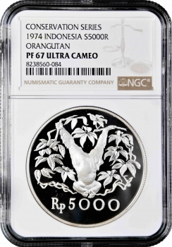 Индонезия 5000 рупий 1974 г., NGC PF67 UC, "Орангутан"