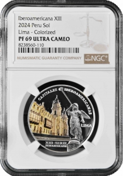 Перу 1 соль 2024 г., NGC PF69 UC, "Иберо-Американские столицы, Лима - Фонтан Славы"