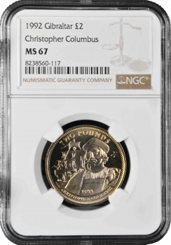 Гибралтар 2 фунта 1992 г., NGC MS67, "Христофор Колумб" Pop 2/1