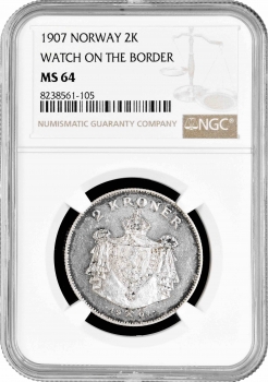 Норвегия 2 кроны 1907 г., NGC MS64, "Независимость Норвегии /ружья на реверсе/"