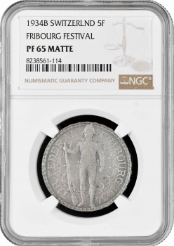 Швейцария 5 франков 1934 г., NGC PF65 MATTE, "Стрелковый фестиваль во Фрибуре"