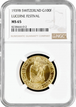 Швейцария 100 франков 1939 г. B, NGC MS65, "Стрелковый фестиваль во Люцерне"