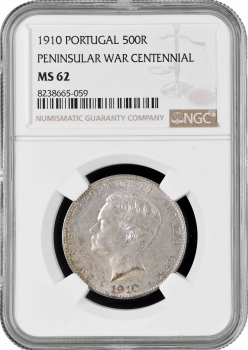 Португалия 500 рейсов 1910 г., NGC MS62, "100 лет Пиренейской войне"
