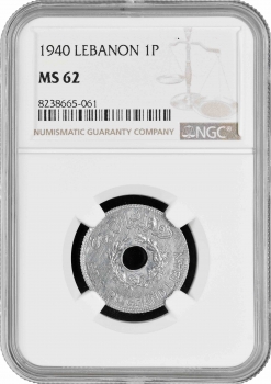 Ливан 1 пиастр 1940 г., NGC MS62, "Французский протекторат (1924 - 1941)"