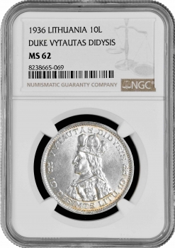Литва 10 лит 1936 г., NGC MS62, "Герцог Витаутас Дидисис"
